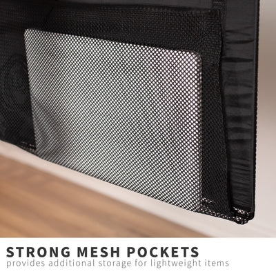 Durable clamp-on desk skirt with sturdy mesh pockets for extra storage.