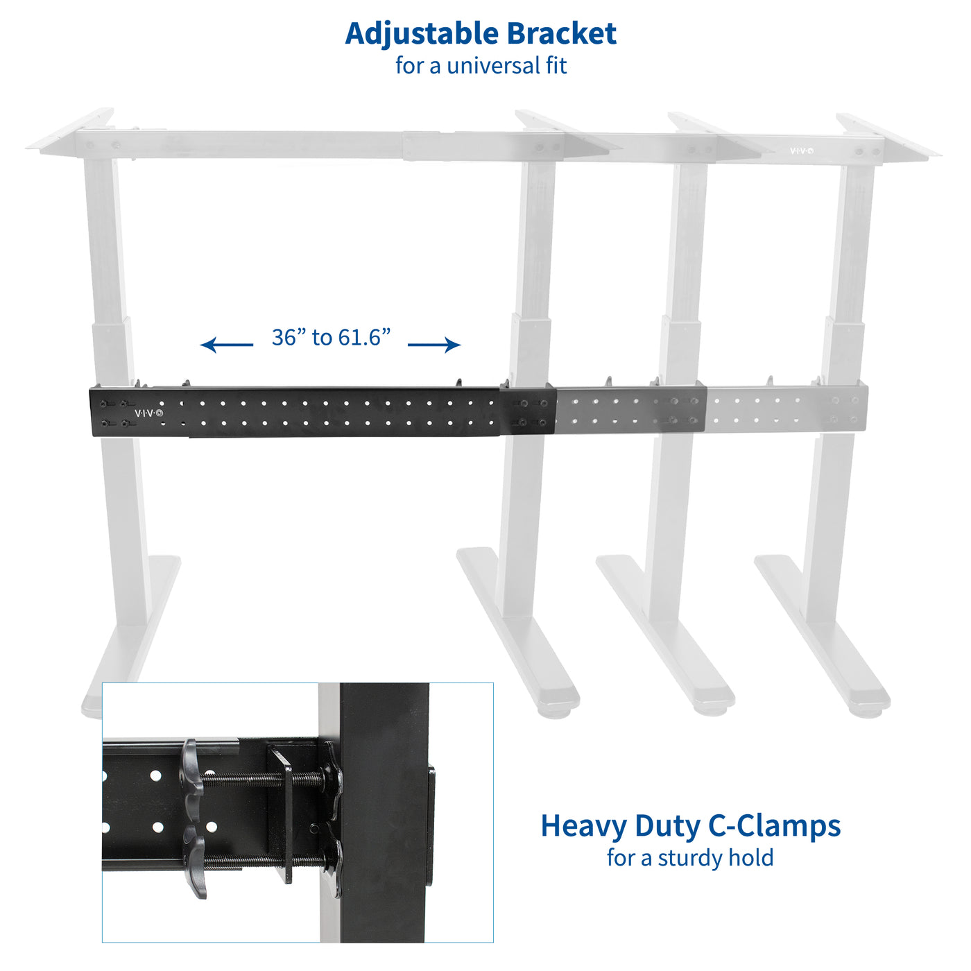 Adjustable brackets to fit short and long desk frames.