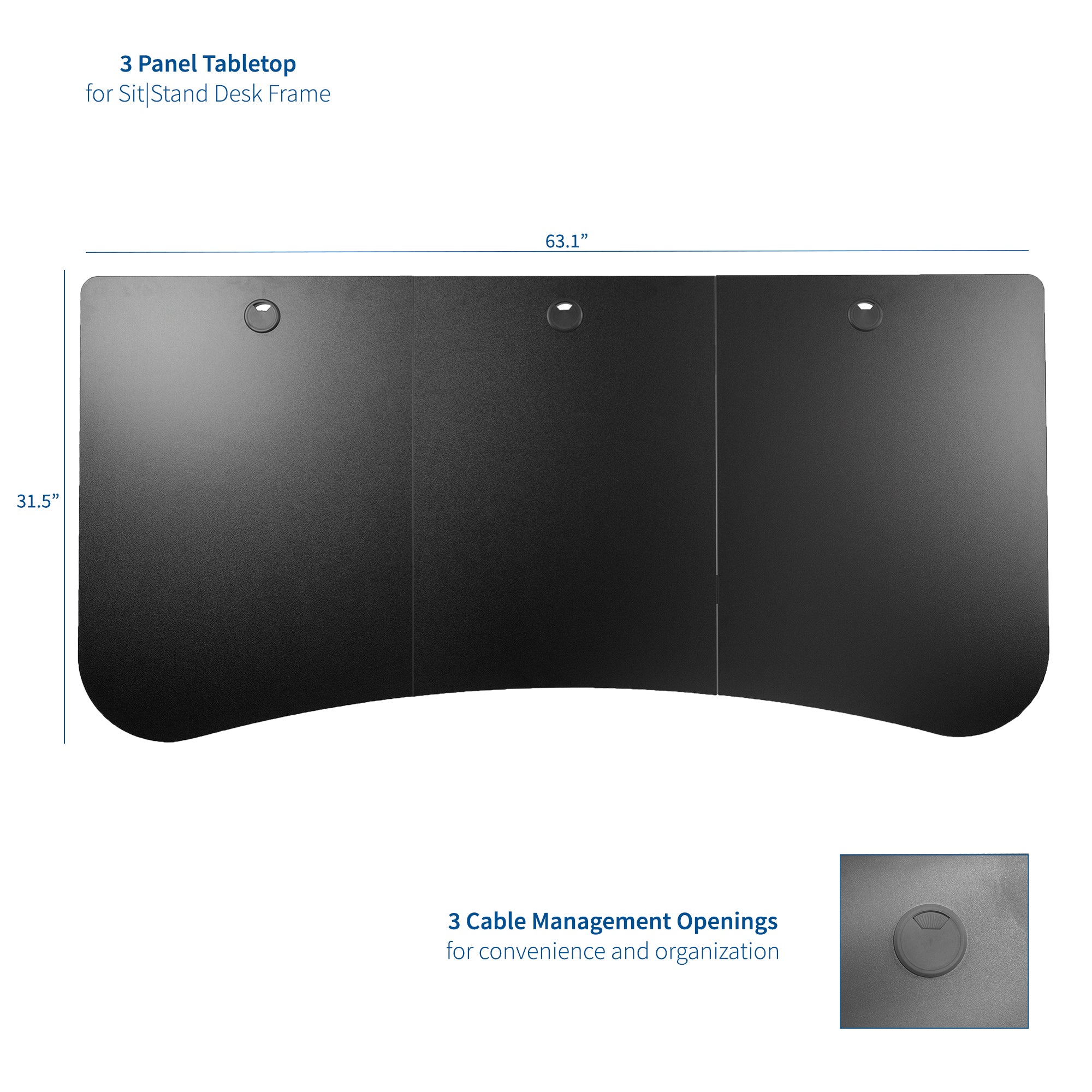 Specifications of tabletop dimension and feature of three cable management openings to maintain a tidy desktop.