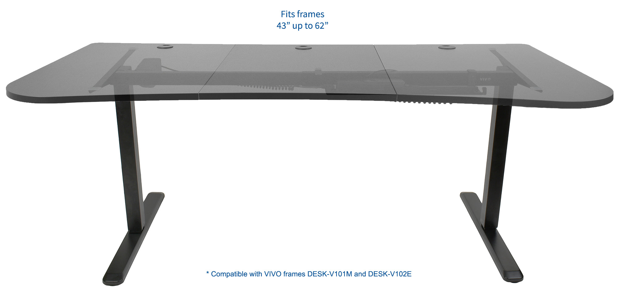Curved black three-panel desktop fits frames ranging inside from 43 inches to 62 inches.
