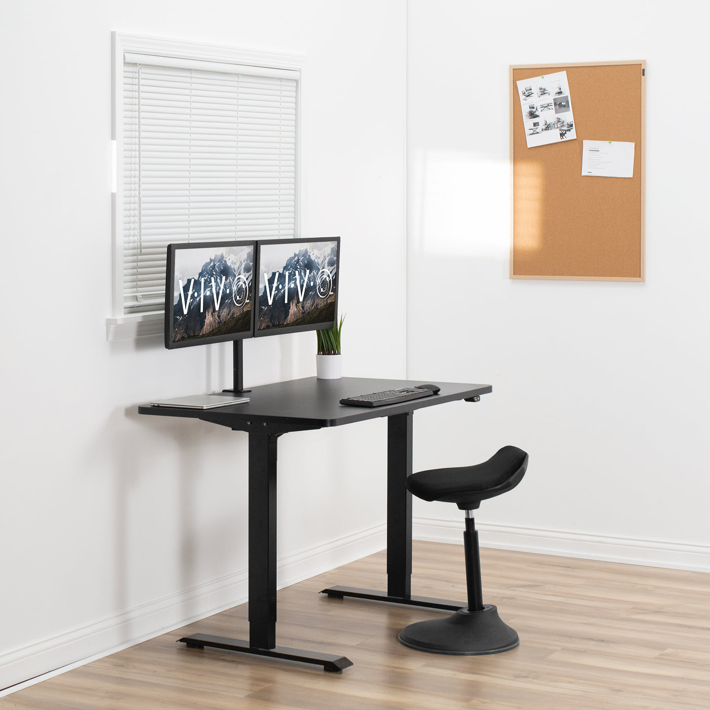 Medium sized rectangle desktop with dual monitor mount.