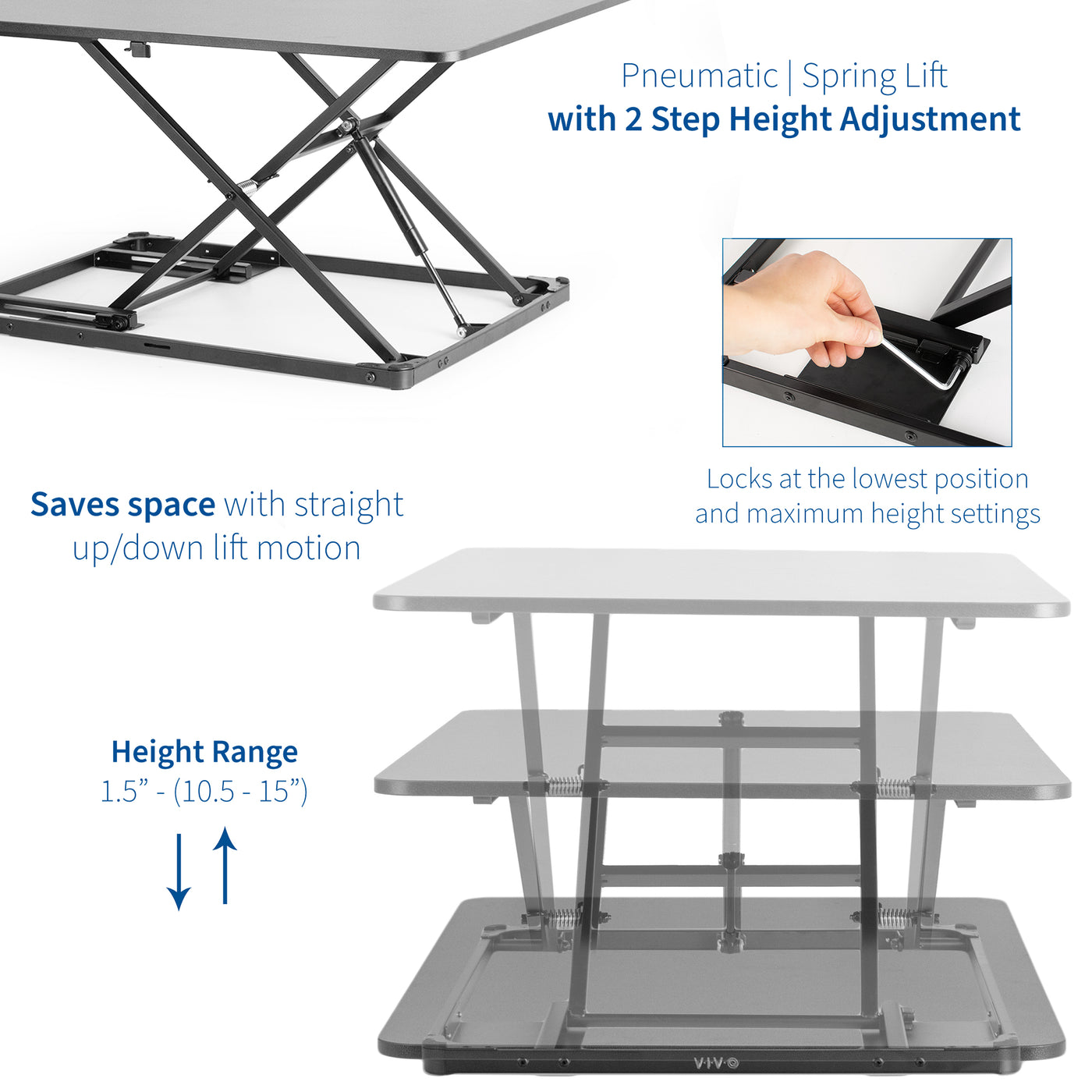 Space efficient height adjustable desk converter monitor riser with pneumatic spring lift.