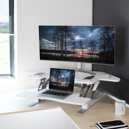 Heavy-duty height adjustable white corner desk converter monitor riser with 2 tiers.