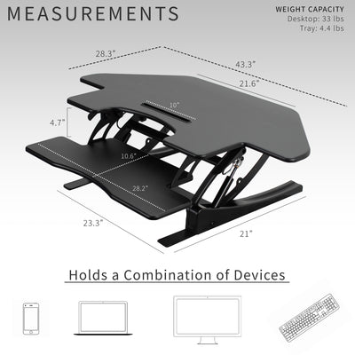 Measurements and dimensions of desktop risers that hold a variety of devices.