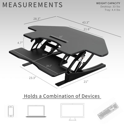 Measurements and dimensions of desktop risers that hold a variety of devices.