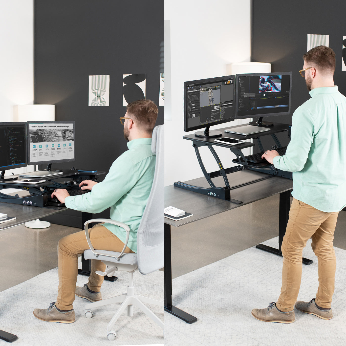 Dual-tiered, electric desk riser that sits on top of your current desk and gives you the benefit of standing up throughout the work day. 