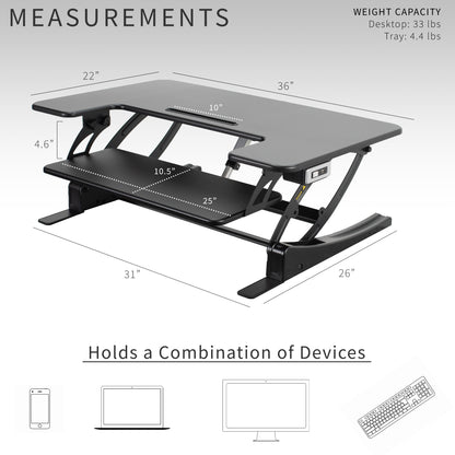 Dual-tiered, electric desk riser that sits on top of your current desk and gives you the benefit of standing up throughout the work day. 