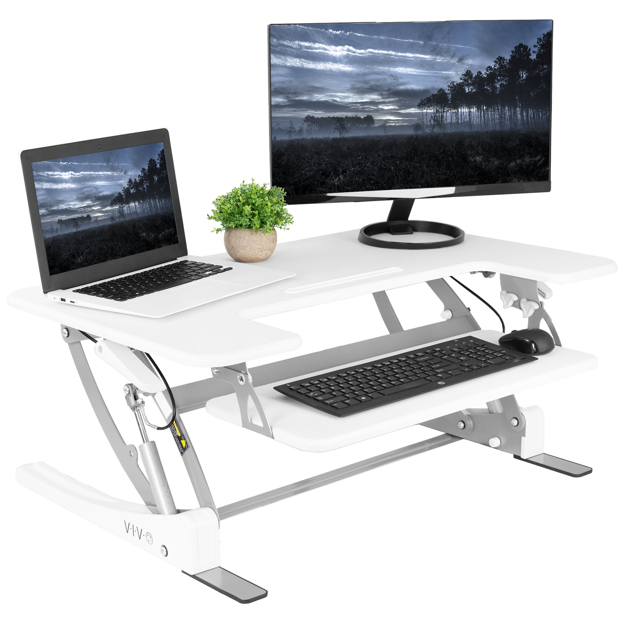 Heavy-duty height adjustable desk converter monitor riser with 2 tiers.