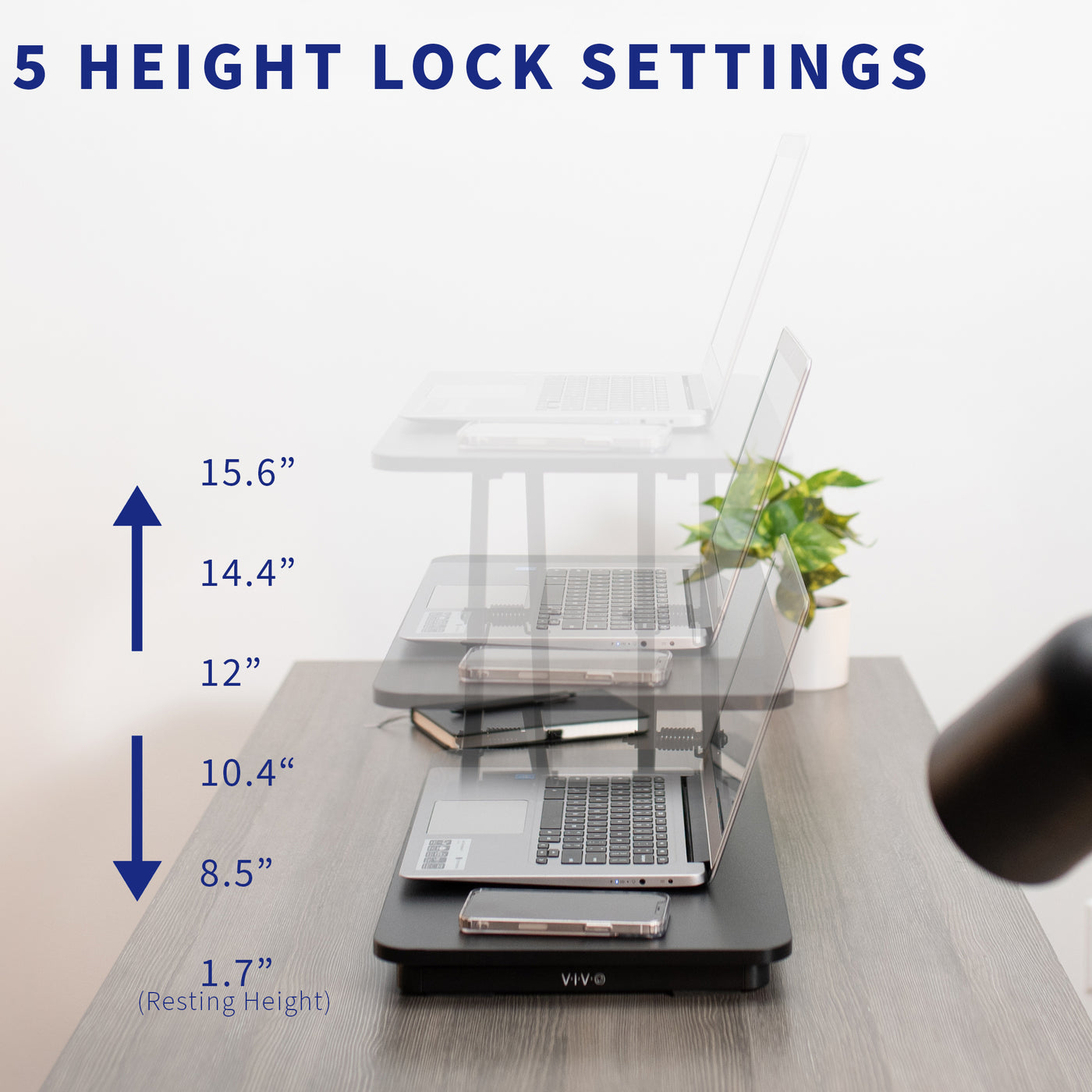 With several lock-in height adjustment settings, securely elevate your keyboard and mouse, laptop, or other devices to new heights.