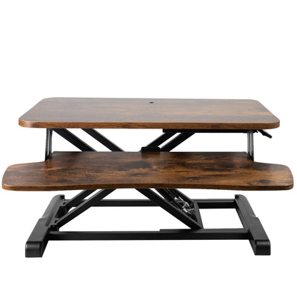 Sturdy height adjustable 2-tiered rustic desk riser for ergonomic office workstation.