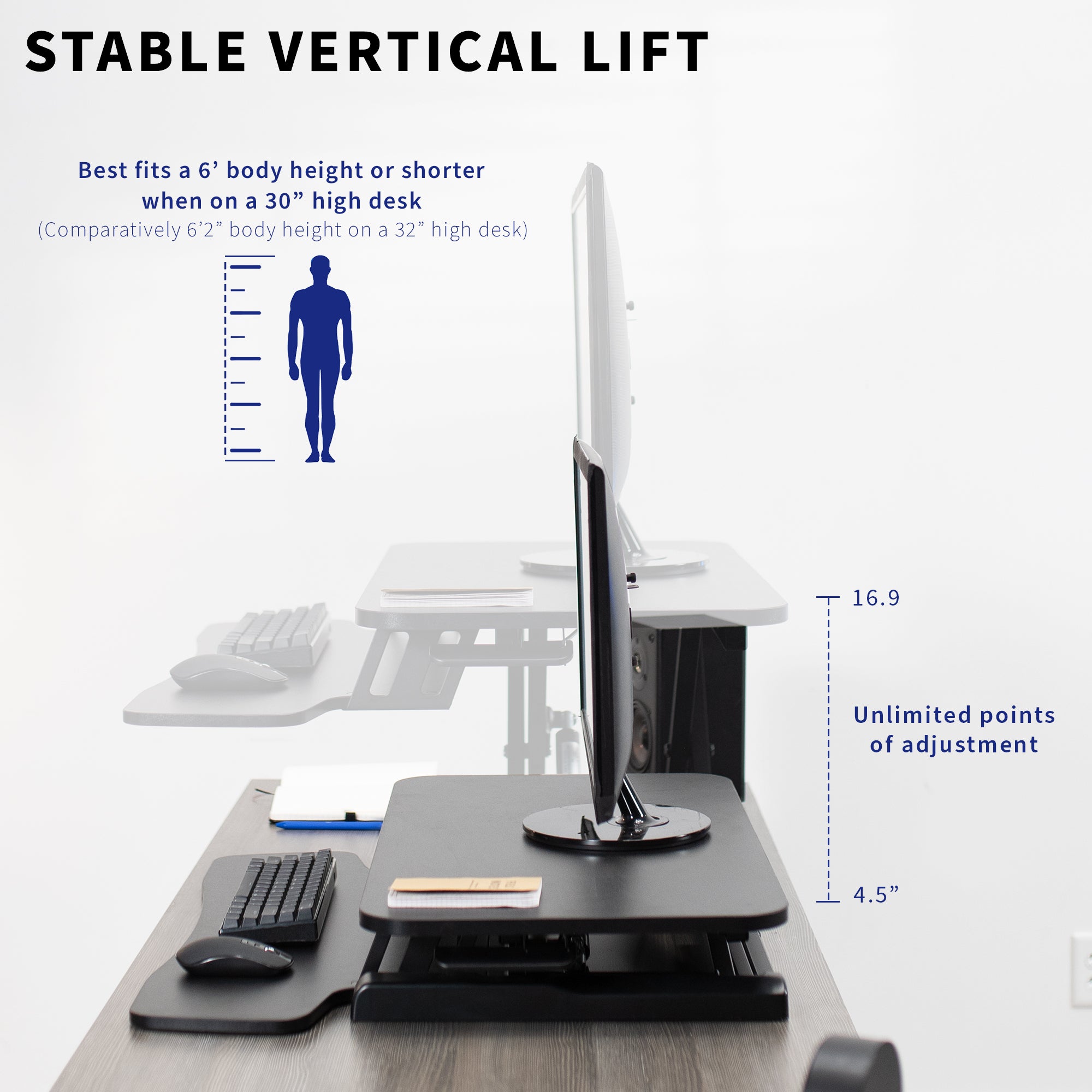 Sturdy height adjustable 2-tiered desk riser for ergonomic office workstation.