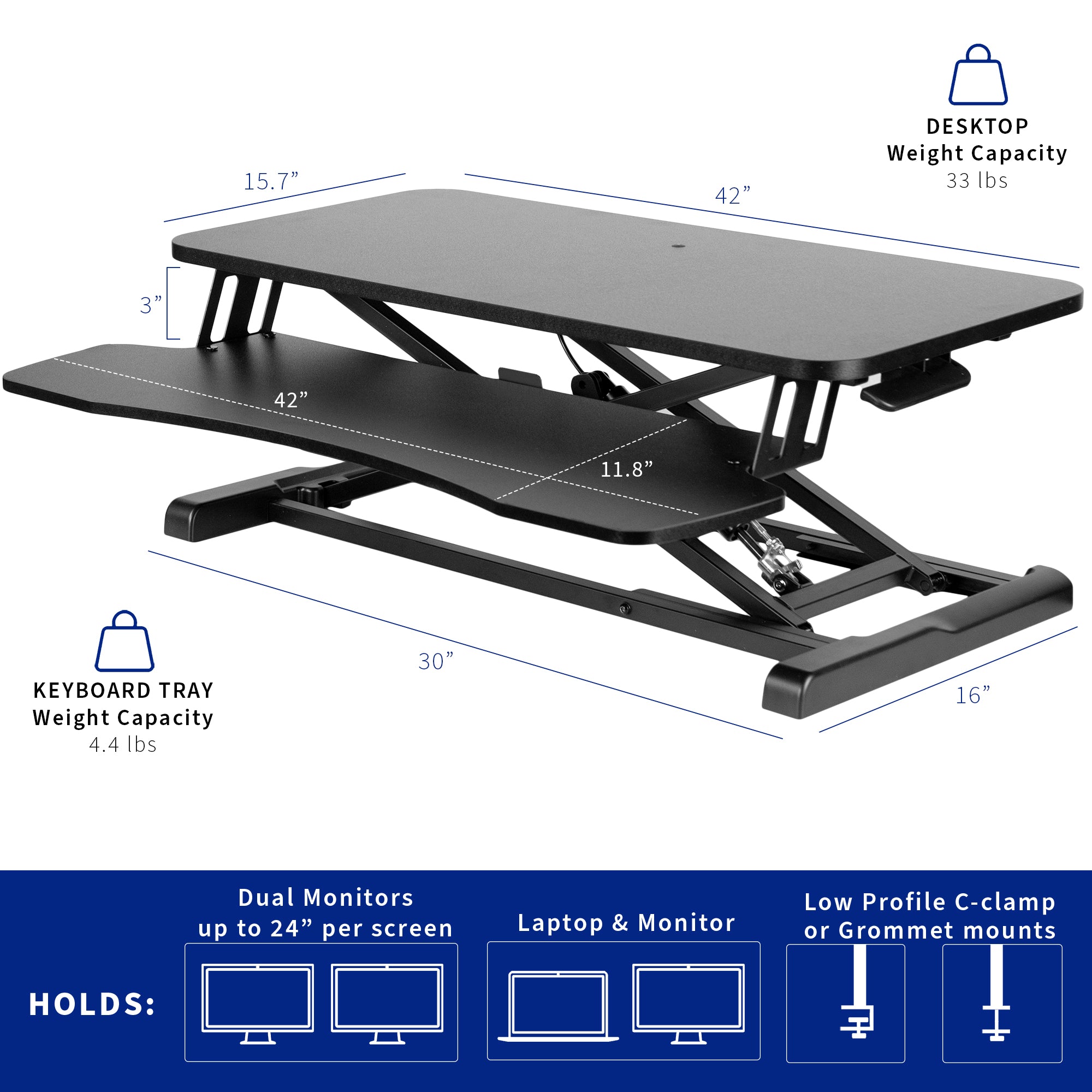 Sturdy height adjustable 2-tiered desk riser for ergonomic office workstation.