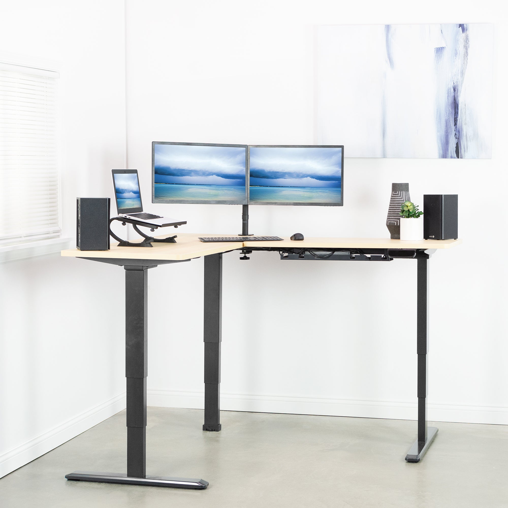  Large L-shaped desk in a modern minimalist room.