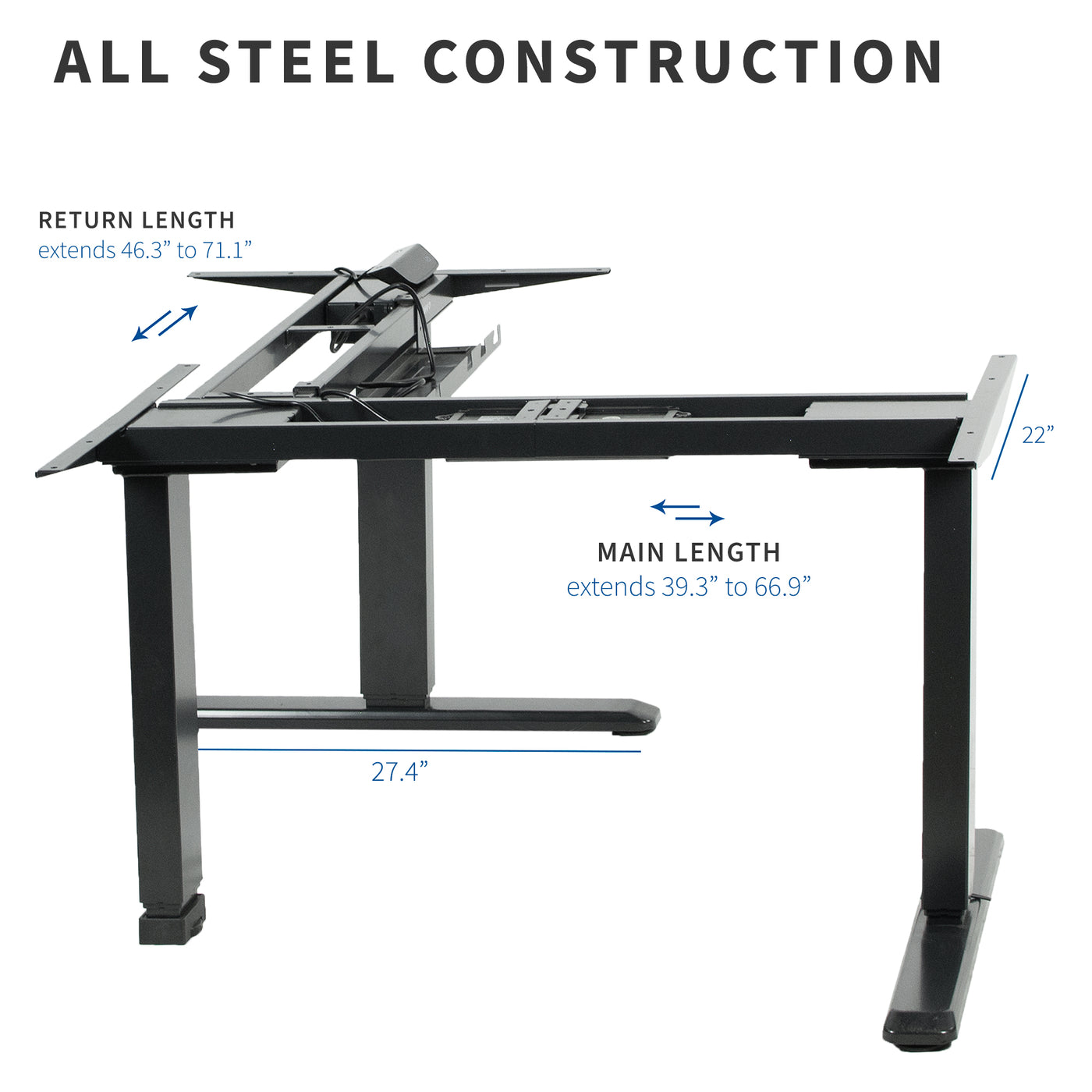 Sturdy steel construction of this multi-motor desk frame.