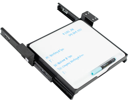 Reduce your desktop clutter and discreetly store important notes with this pull-out dry erase board.