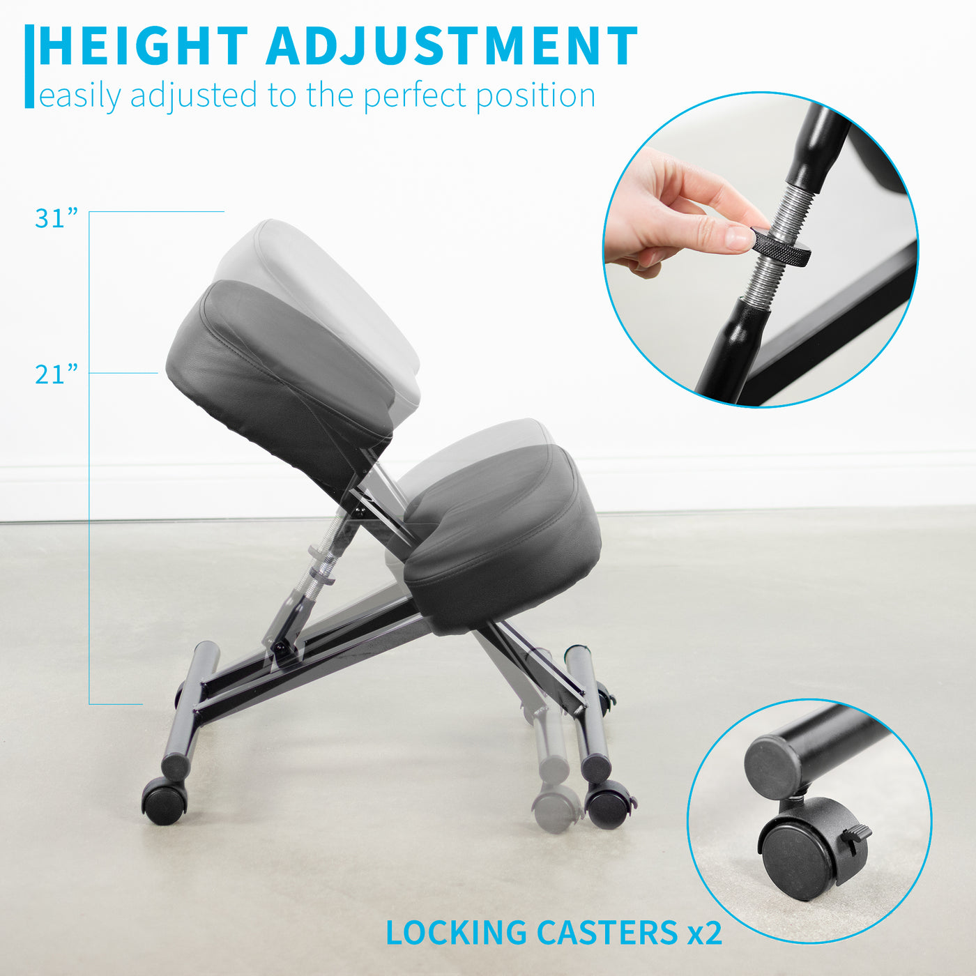 Height adjustment options are available to create the perfect positions featuring two locking caster wheels.