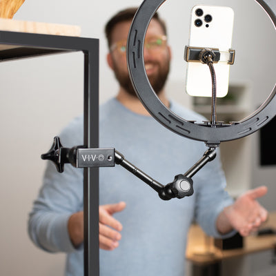 Create hands-free content by utilizing universal C-clamps that mount to a variety of surfaces with a ring light phone mount.