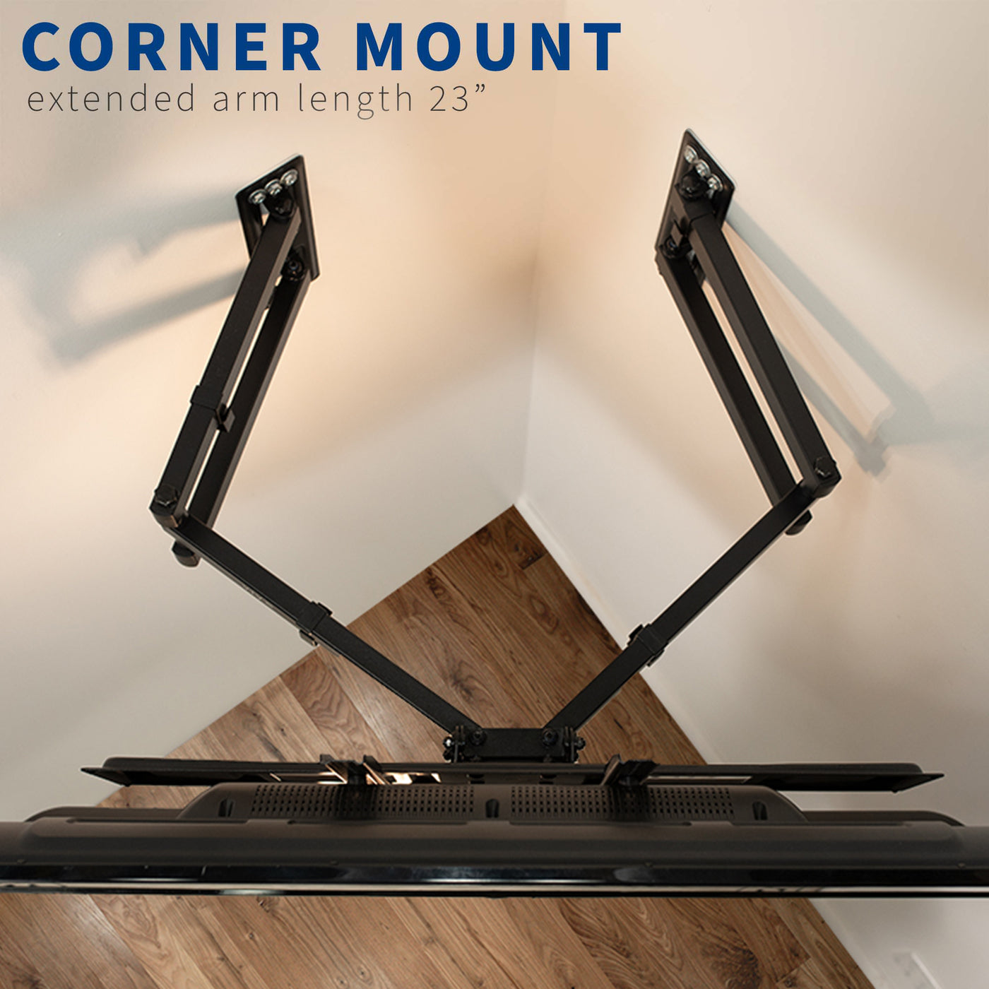 Corner TV wall mount secured to both walls for maximum security of the TV screen.
