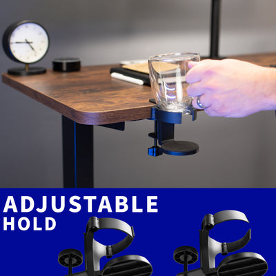 The cup holder features an adjustable hold for small mugs to large water bottles.