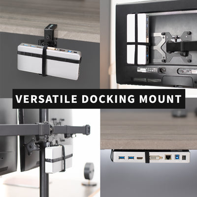 Universal docking station mount organization for under the desk or behind monitor C-clamp mount.