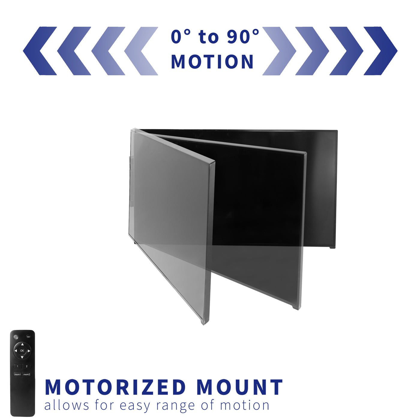 Motorized TV mount with remote control for heavy remote range adjustments.