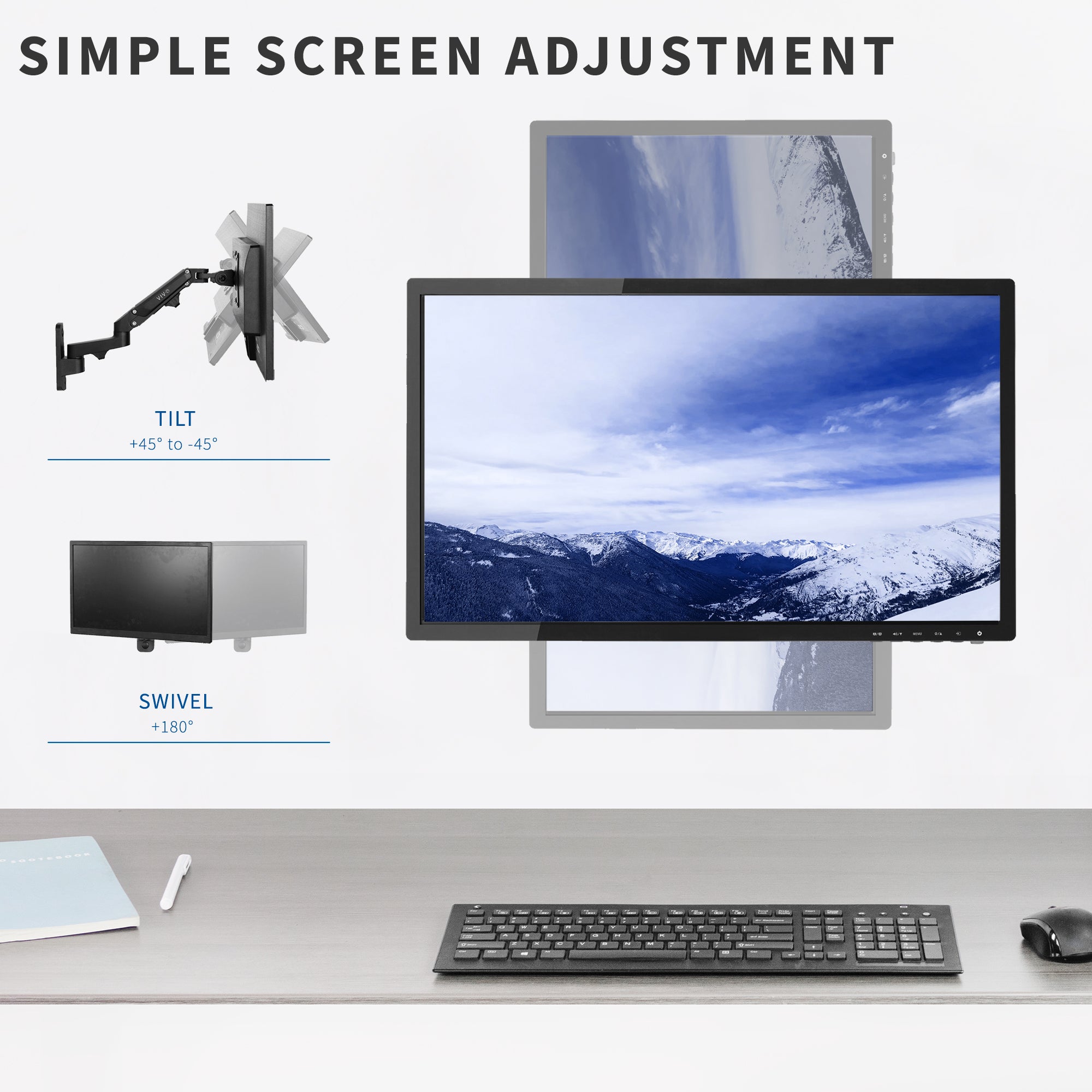 Sturdy ergonomic aluminum single monitor wall mount with tilt and swivel.