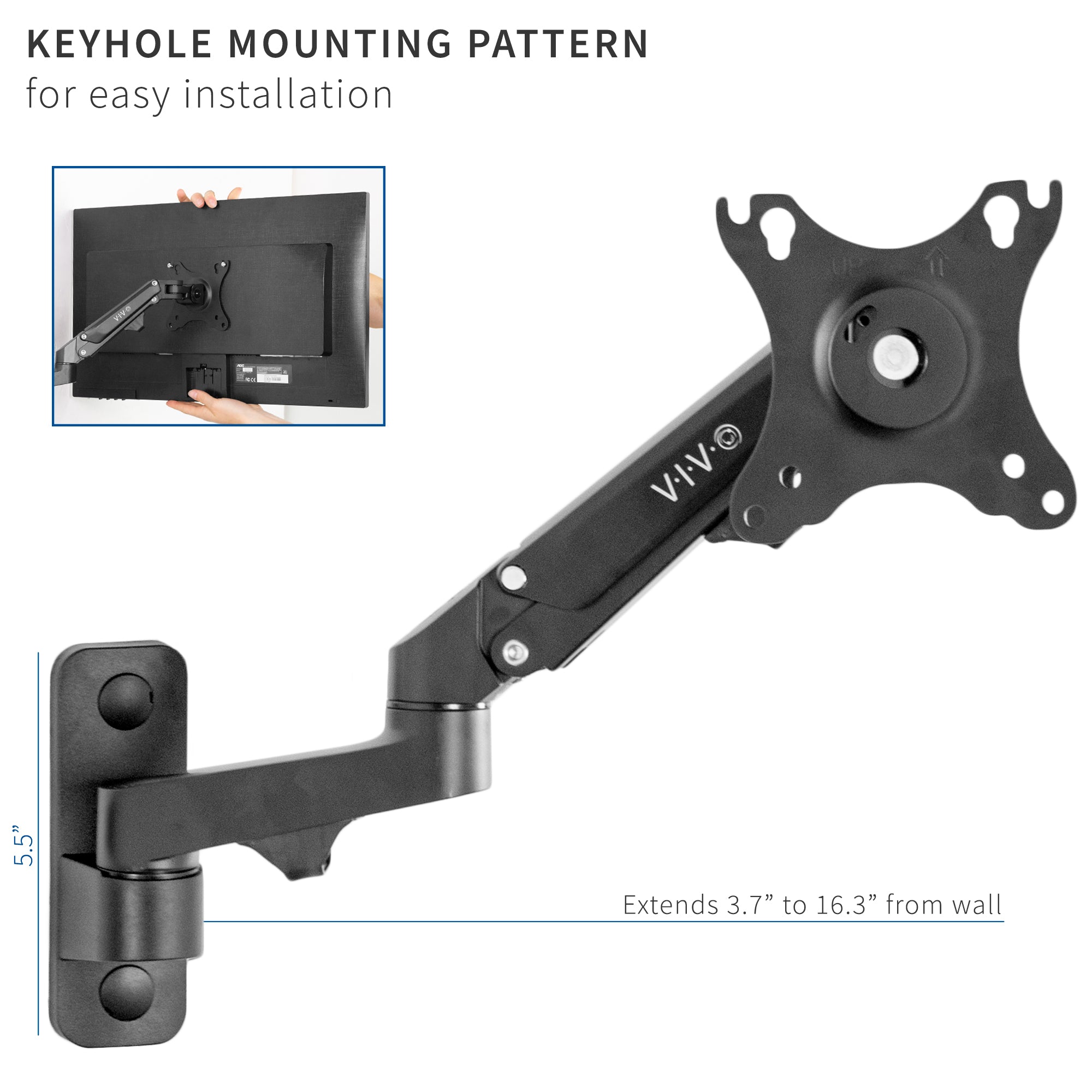 Sturdy ergonomic aluminum single monitor wall mount with easy installation.