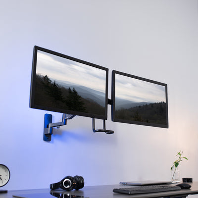 Dual Monitor Pneumatic Wall Mount for ergonomic viewing angles.