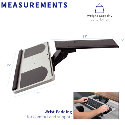 Ergonomic typing is made easy with the front of the desk clamp on the keyboard tray.