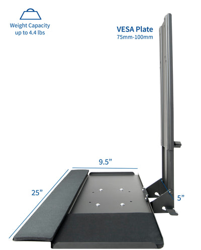 The keyboard tray attaches to standard VESA plate patterns.