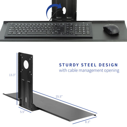 Universal keyboard tray with ergonomic typing position.