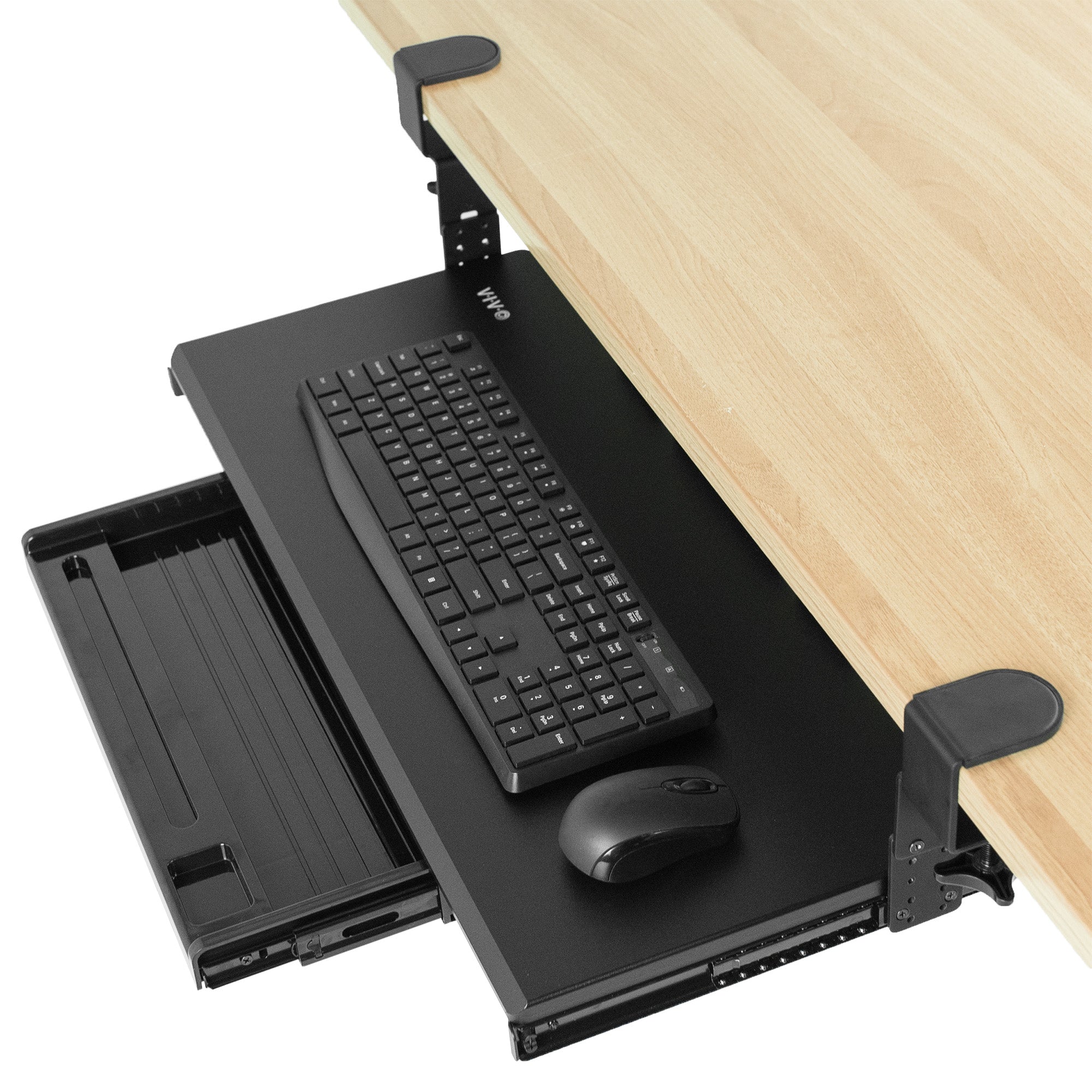 Clamp-on height adjustable convenient keyboard tray with pencil drawer for space efficient desk workstation.