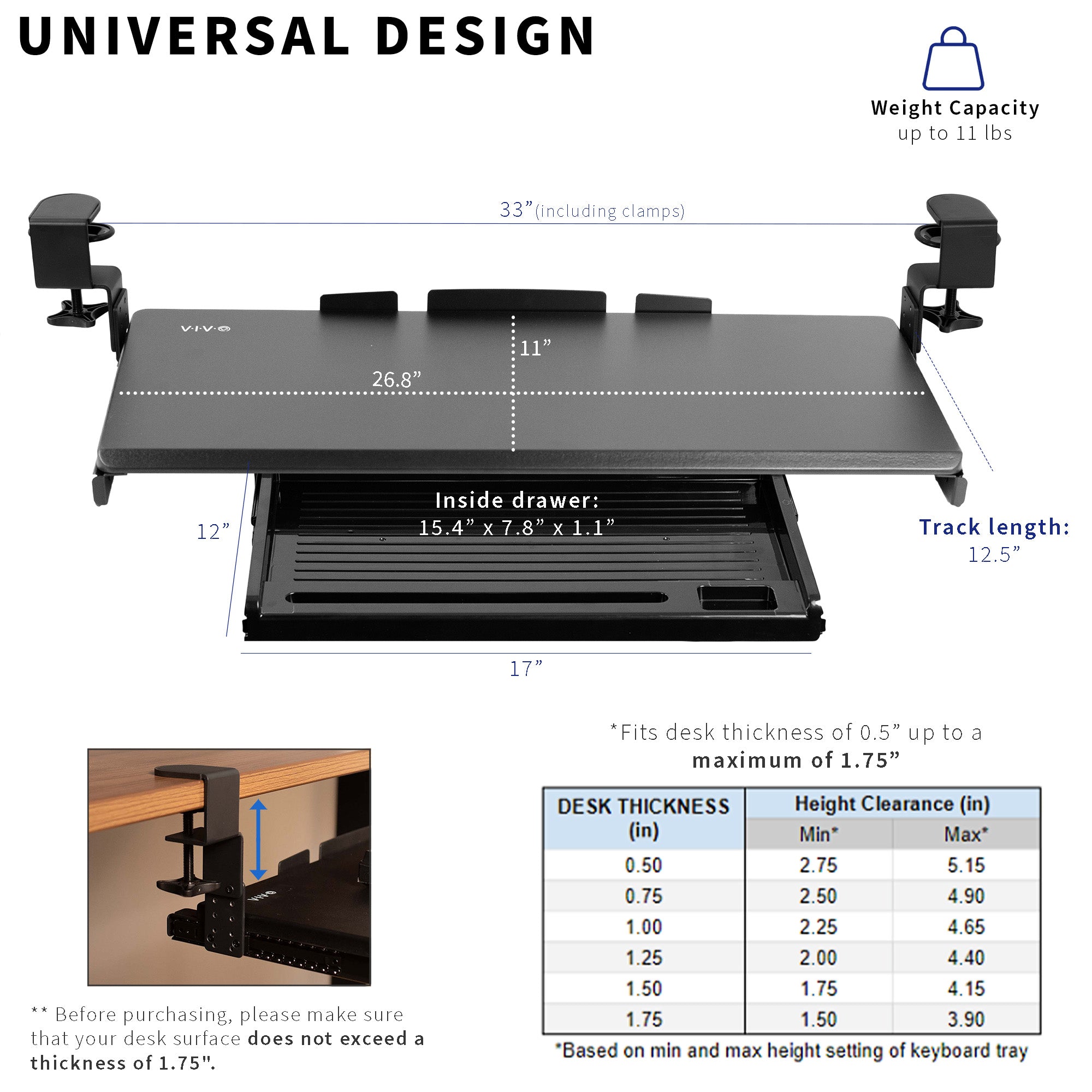 Clamp-on height adjustable convenient keyboard tray with pencil drawer for space efficient desk workstation.