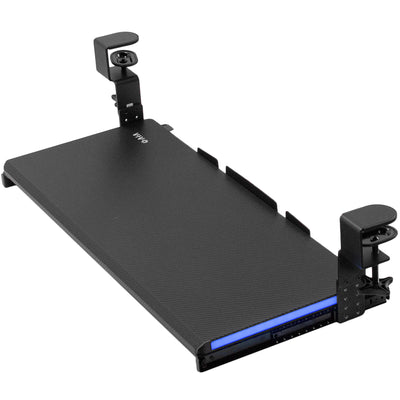 Clamp-on height adjustable keyboard and mouse tray.