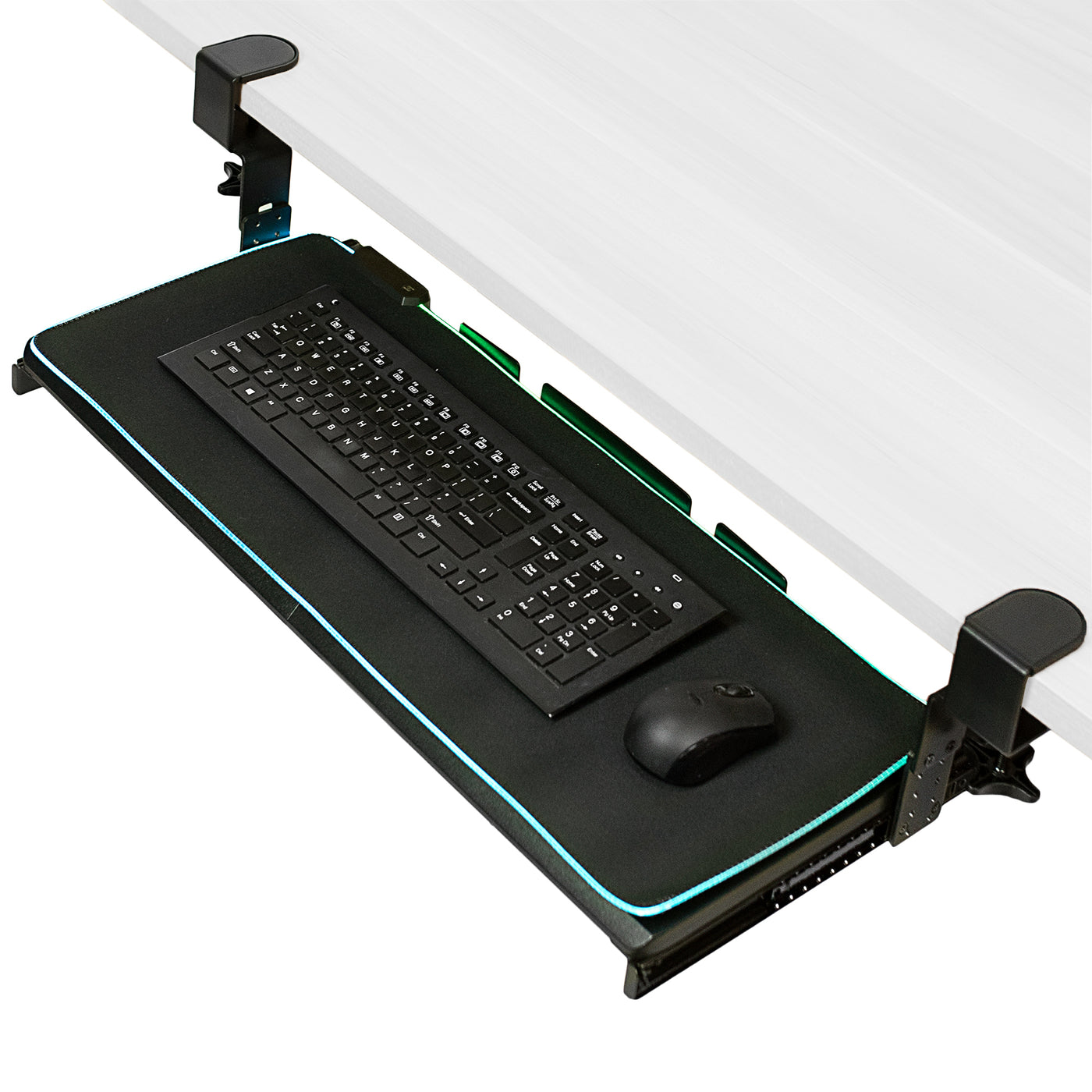 Clamp-on height adjustable pullout keyboard tray attachment with RGB mouse pad.