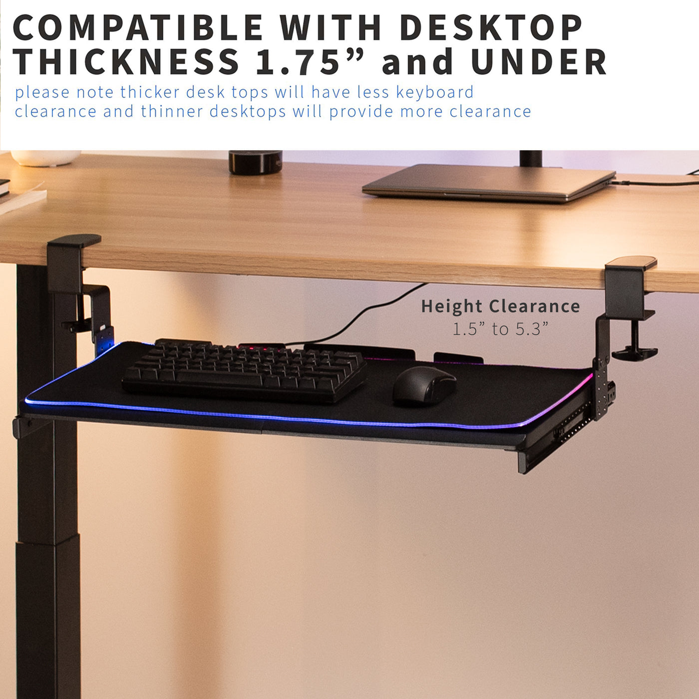 Clamp-on height adjustable pullout keyboard tray attachment.