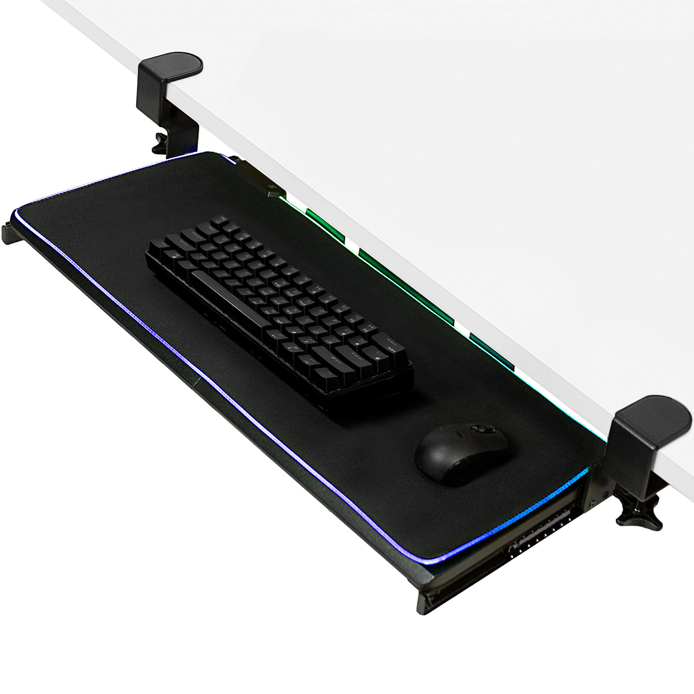 Clamp-on Computer Keyboard and Mouse Under Desk Slider Tray with RGB Pad