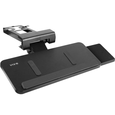Space-saving adjustable under desk keyboard tray with mousepad.