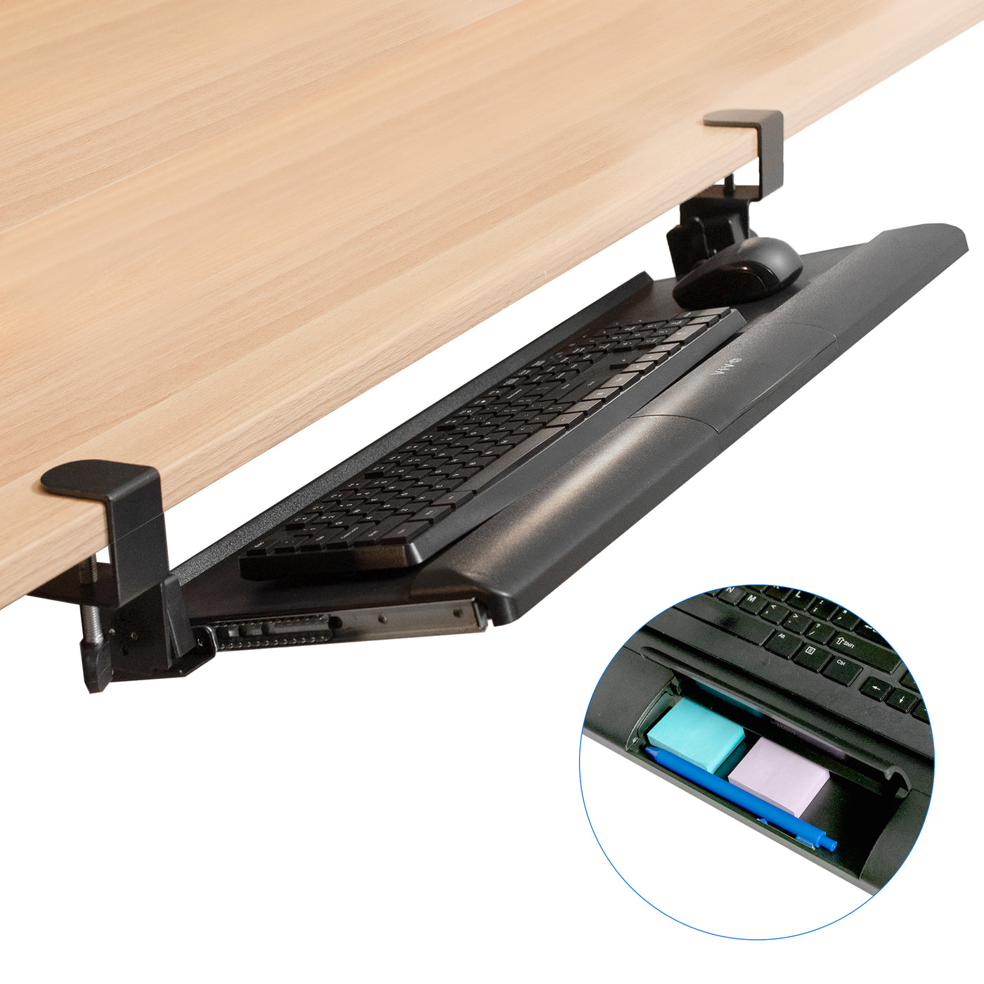 Easy install clamp-on pullout tilting keyboard tray with adjustable typing angles.