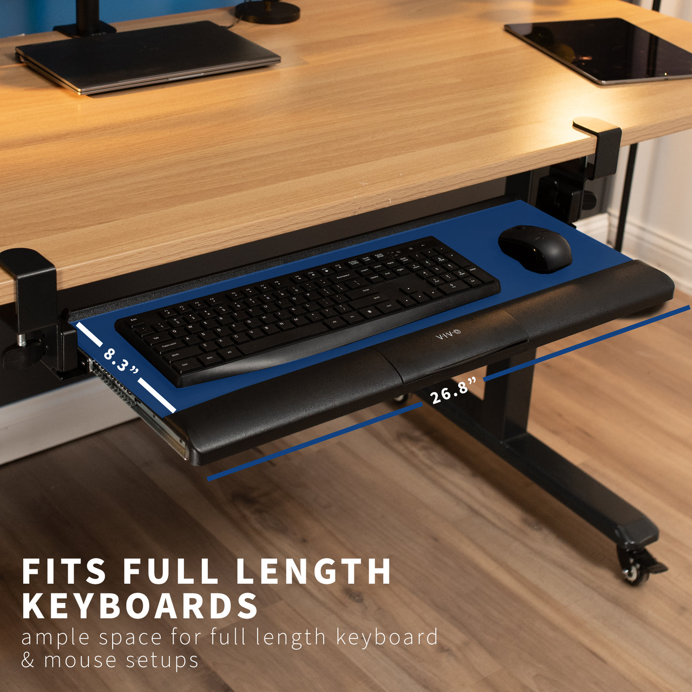 Easy install clamp-on pullout tilting keyboard tray with customized typing angles.
