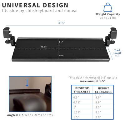 Easy install clamp-on pullout tilting keyboard tray with adjustable typing angles in a universal design.
