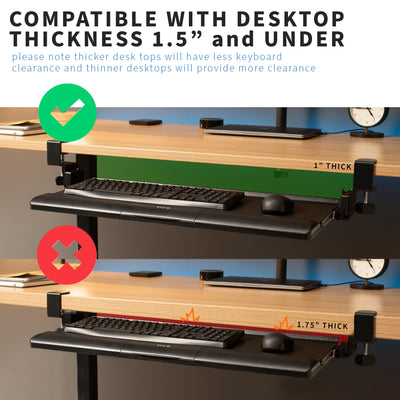 Easy install clamp-on pullout tilting keyboard tray with adjustable typing angles.