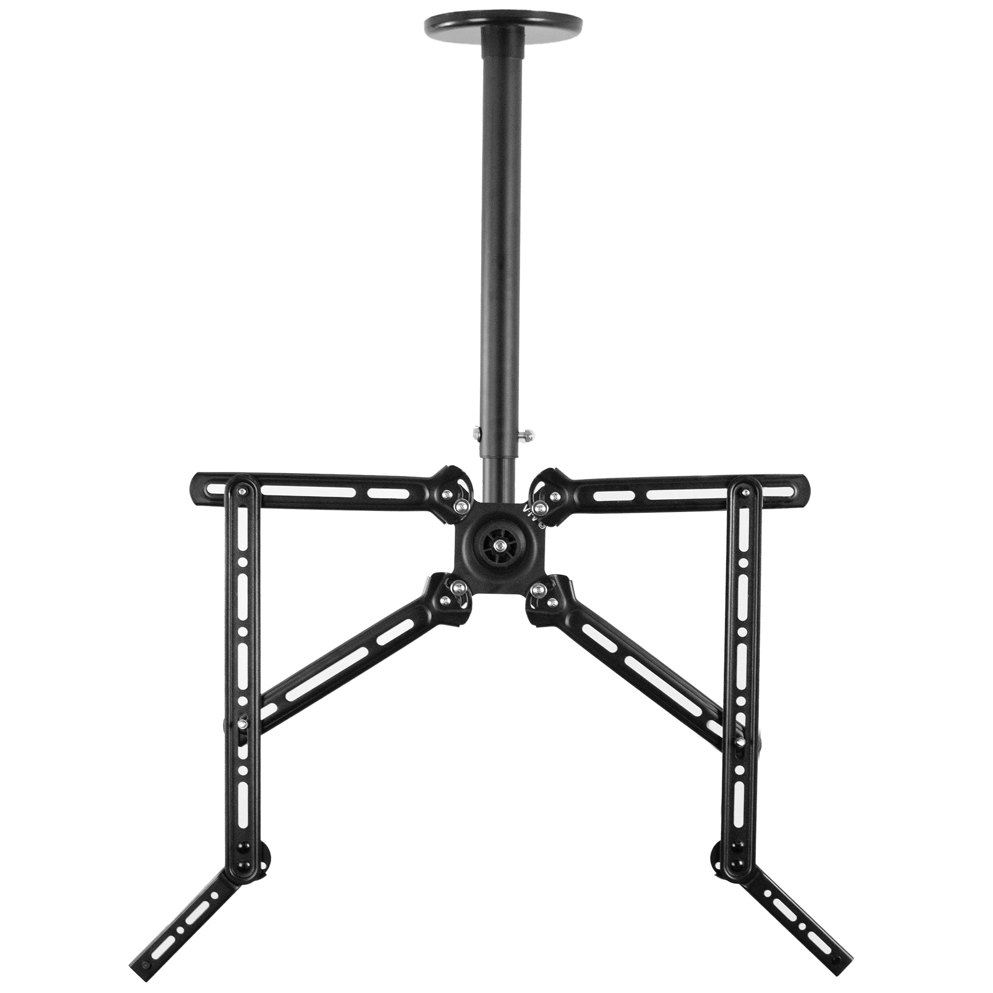 Heavy-duty height adjustable TV ceiling mount and soundbar bracket for enhanced audio speaker system.