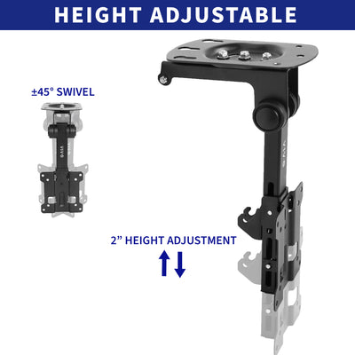 Vertical height adjustments with monitor swivel.
