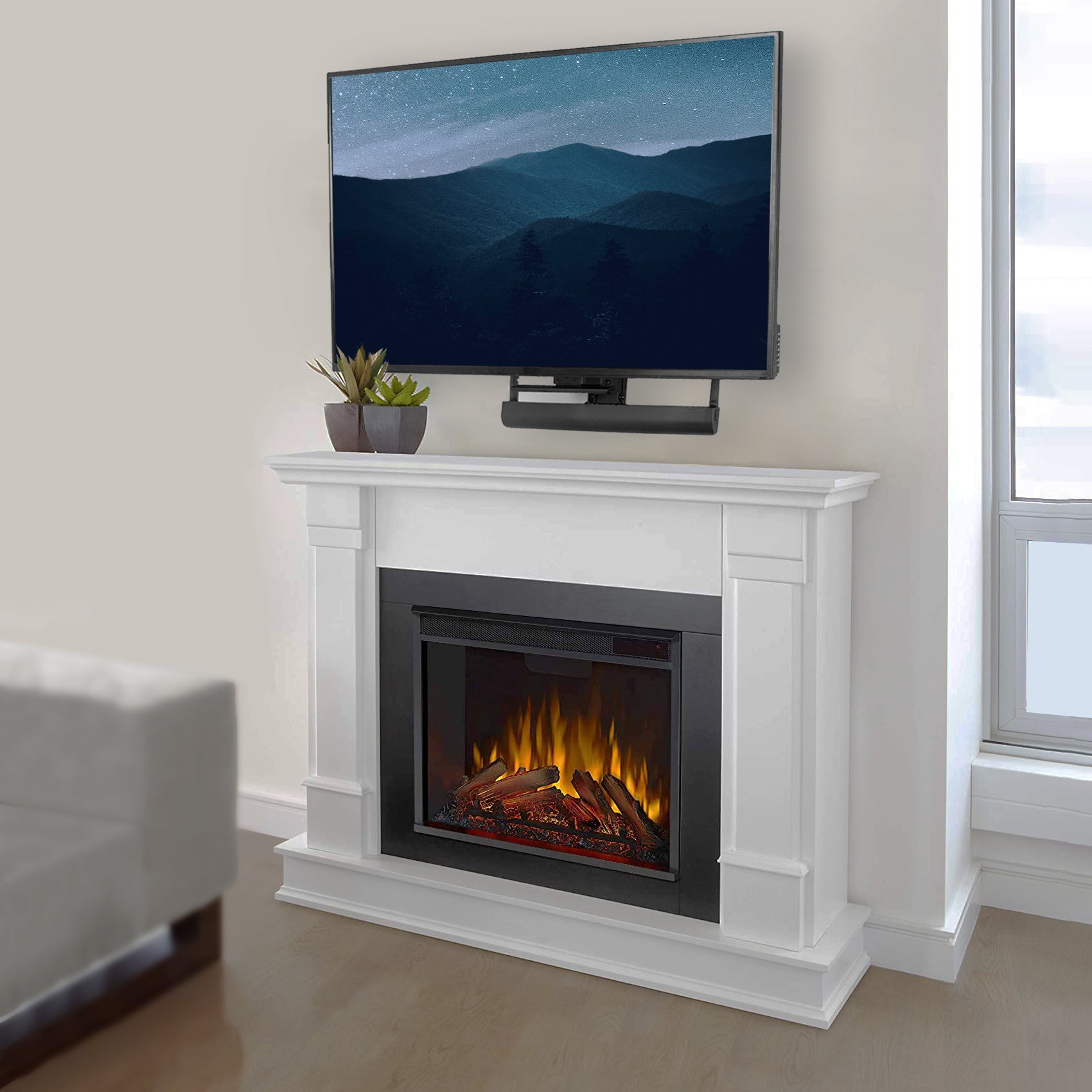 Heavy duty TV display in a modern mock-up living room.