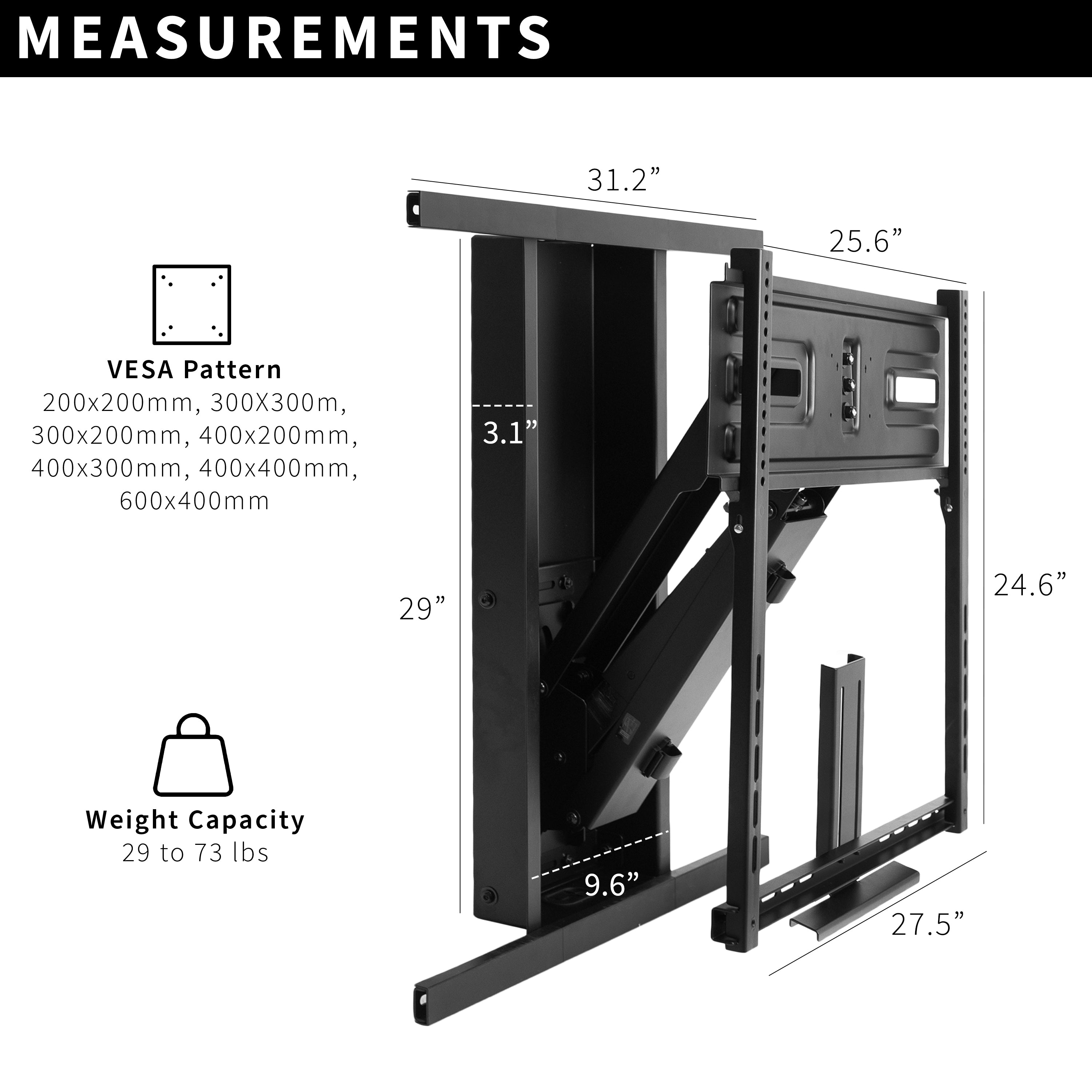  Recessed Mechanical Spring 65 to 70 inch TV Wall Mount for LCD LED Plasma Screens, Above Fireplace Height Adjustable Pull Down Mantel Bracket