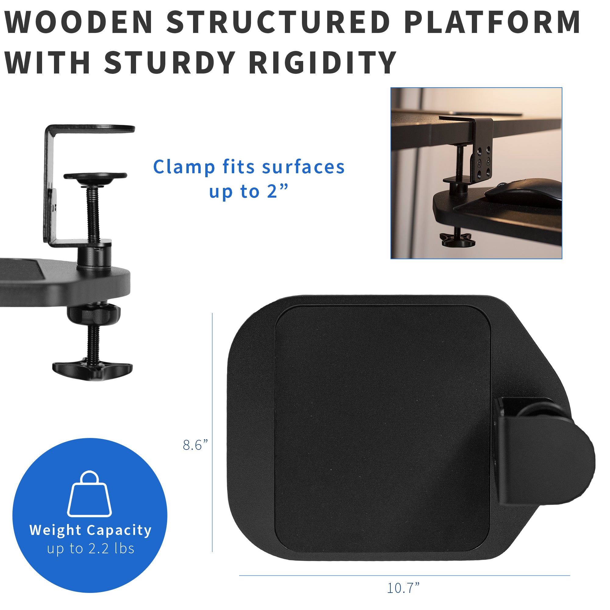 Dimension of pad surface area and call out of compatibility with desktops up to two inches thick.