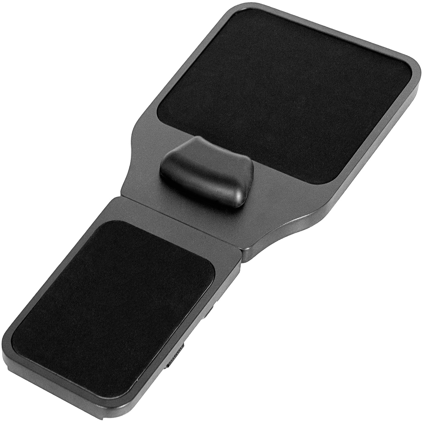 Strap on chair armrest with mouse pad.