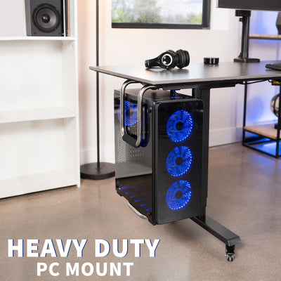 Heavy duty PC mount that securely supports large PCs off of the ground.