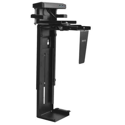 Sturdy clamp-on mount computer holder with USB ports for convenient charging and connecting to PC.